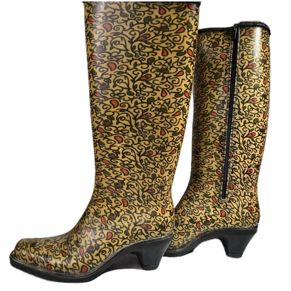 DAV Paisley Floral Knee High Rain Rubber Boots size LARGE Boho Peasant Full Zip